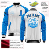 Custom White Black-Powder Blue Bomber Varsity Letterman Two Tone Zipper Jacket