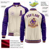 Custom Cream Purple-Old Gold Bomber Varsity Letterman Two Tone Zipper Jacket