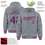 Custom Gray Purple-Old Gold Bomber Full-Snap Varsity Letterman Hoodie Jacket