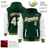 Custom Green White-Old Gold Bomber Full-Snap Varsity Letterman Two Tone Hoodie Jacket