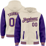 Custom Cream Purple-Old Gold Bomber Full-Snap Varsity Letterman Two Tone Hoodie Jacket