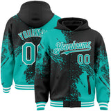 Custom Black Aqua-White Abstract Brush Stroke 3D Pattern Design Bomber Full-Snap Varsity Letterman Hoodie Jacket