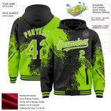 Custom Black Neon Green-White Abstract Brush Stroke 3D Pattern Design Bomber Full-Snap Varsity Letterman Hoodie Jacket