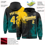 Custom Black Yellow Teal-White Abstract Brush Stroke 3D Pattern Design Bomber Full-Snap Varsity Letterman Hoodie Jacket