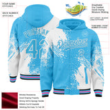 Custom Sky Blue White Black-Pink Abstract Brush Stroke 3D Pattern Design Bomber Full-Snap Varsity Letterman Hoodie Jacket