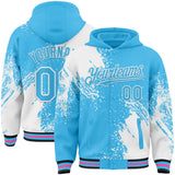 Custom Sky Blue White Black-Pink Abstract Brush Stroke 3D Pattern Design Bomber Full-Snap Varsity Letterman Hoodie Jacket