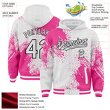 Custom White Pink-Black Abstract Brush Stroke 3D Pattern Design Bomber Full-Snap Varsity Letterman Hoodie Jacket