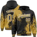 Custom Black Old Gold-White Abstract Brush Stroke 3D Pattern Design Bomber Full-Snap Varsity Letterman Hoodie Jacket