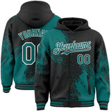 Custom Black Teal-White Abstract Brush Stroke 3D Pattern Design Bomber Full-Snap Varsity Letterman Hoodie Jacket