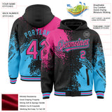 Custom Black Pink-Sky Blue Abstract Brush Stroke 3D Pattern Design Bomber Full-Snap Varsity Letterman Hoodie Jacket