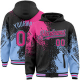Custom Black Pink-Light Blue Abstract Brush Stroke 3D Pattern Design Bomber Full-Snap Varsity Letterman Hoodie Jacket