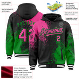 Custom Black Pink Grass Green-White Abstract Brush Stroke 3D Pattern Design Bomber Full-Snap Varsity Letterman Hoodie Jacket