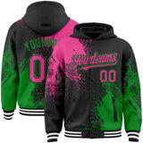 Custom Black Pink Grass Green-White Abstract Brush Stroke 3D Pattern Design Bomber Full-Snap Varsity Letterman Hoodie Jacket