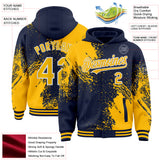 Custom Navy Gold-White Abstract Brush Stroke 3D Pattern Design Bomber Full-Snap Varsity Letterman Hoodie Jacket