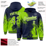 Custom Navy Neon Green-White Abstract Brush Stroke 3D Pattern Design Bomber Full-Snap Varsity Letterman Hoodie Jacket