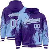 Custom Purple Light Blue-White Abstract Brush Stroke 3D Pattern Design Bomber Full-Snap Varsity Letterman Hoodie Jacket