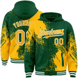Custom Kelly Green Gold-White Abstract Brush Stroke 3D Pattern Design Bomber Full-Snap Varsity Letterman Hoodie Jacket