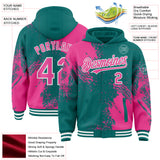 Custom Teal Pink-White Abstract Brush Stroke 3D Pattern Design Bomber Full-Snap Varsity Letterman Hoodie Jacket