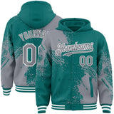 Custom Teal Gray-White Abstract Brush Stroke 3D Pattern Design Bomber Full-Snap Varsity Letterman Hoodie Jacket