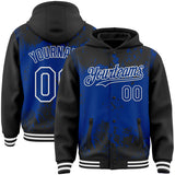 Custom Black Royal-White Splash Art 3D Pattern Design Bomber Full-Snap Varsity Letterman Hoodie Jacket