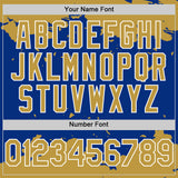 Custom Royal Old Gold-White Splash Art 3D Pattern Design Bomber Full-Snap Varsity Letterman Hoodie Jacket