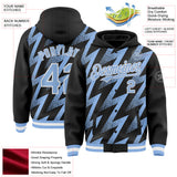 Custom Black Light Blue-White Zigzag Shape 3D Pattern Design Bomber Full-Snap Varsity Letterman Hoodie Jacket