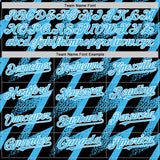 Custom Black Sky Blue-White Zigzag Shape 3D Pattern Design Bomber Full-Snap Varsity Letterman Hoodie Jacket