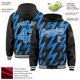 Custom Black Powder Blue-White Zigzag Shape 3D Pattern Design Bomber Full-Snap Varsity Letterman Hoodie Jacket