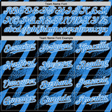 Custom Black Powder Blue-White Zigzag Shape 3D Pattern Design Bomber Full-Snap Varsity Letterman Hoodie Jacket