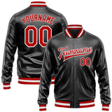 Custom Black Red-White Bomber Full-Snap Varsity Faux Leather Letterman Jacket