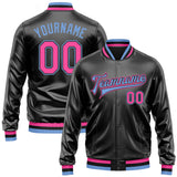 Custom Black Pink-Light Blue Bomber Full-Snap Varsity Faux Leather Letterman Jacket