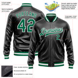 Custom Black Kelly Green-White Bomber Full-Snap Varsity Faux Leather Letterman Jacket