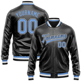 Custom Black Light Blue-White Bomber Full-Snap Varsity Faux Leather Letterman Jacket
