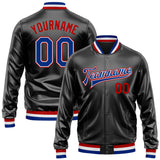 Custom Black Royal-Red Bomber Full-Snap Varsity Faux Leather Letterman Jacket