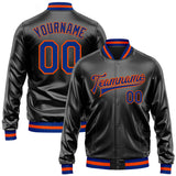 Custom Black Royal-Orange Bomber Full-Snap Varsity Faux Leather Letterman Jacket