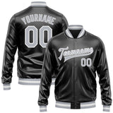 Custom Black Gray-White Bomber Full-Snap Varsity Faux Leather Letterman Jacket