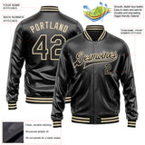 Custom Black Black-Cream Bomber Full-Snap Varsity Faux Leather Letterman Jacket
