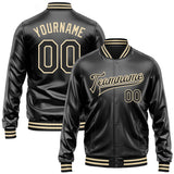 Custom Black Black-Cream Bomber Full-Snap Varsity Faux Leather Letterman Jacket