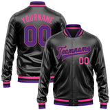 Custom Black Purple-Pink Bomber Full-Snap Varsity Faux Leather Letterman Jacket