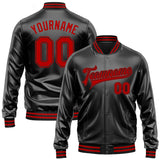 Custom Black Red-Black Bomber Full-Snap Varsity Faux Leather Letterman Jacket