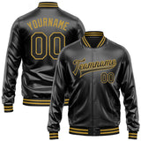 Custom Black Black-Old Gold Bomber Full-Snap Varsity Faux Leather Letterman Jacket