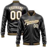 Custom Black White-Old Gold Bomber Full-Snap Varsity Faux Leather Letterman Jacket