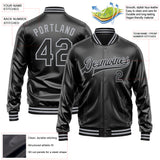 Custom Black Black-Gray Bomber Full-Snap Varsity Faux Leather Letterman Jacket