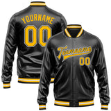 Custom Black Gold-White Bomber Full-Snap Varsity Faux Leather Letterman Jacket