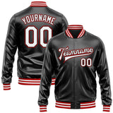 Custom Black White-Red Bomber Full-Snap Varsity Faux Leather Letterman Jacket