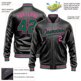 Custom Black Kelly Green-Pink Bomber Full-Snap Varsity Faux Leather Letterman Jacket