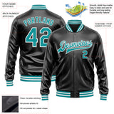 Custom Black Teal-White Bomber Full-Snap Varsity Faux Leather Letterman Jacket