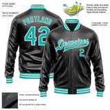 Custom Black Aqua-White Bomber Full-Snap Varsity Faux Leather Letterman Jacket