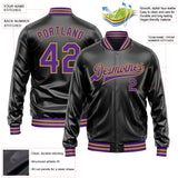 Custom Black Purple-Old Gold Bomber Full-Snap Varsity Faux Leather Letterman Jacket