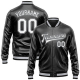Custom Black White-Gray Bomber Full-Snap Varsity Faux Leather Letterman Jacket